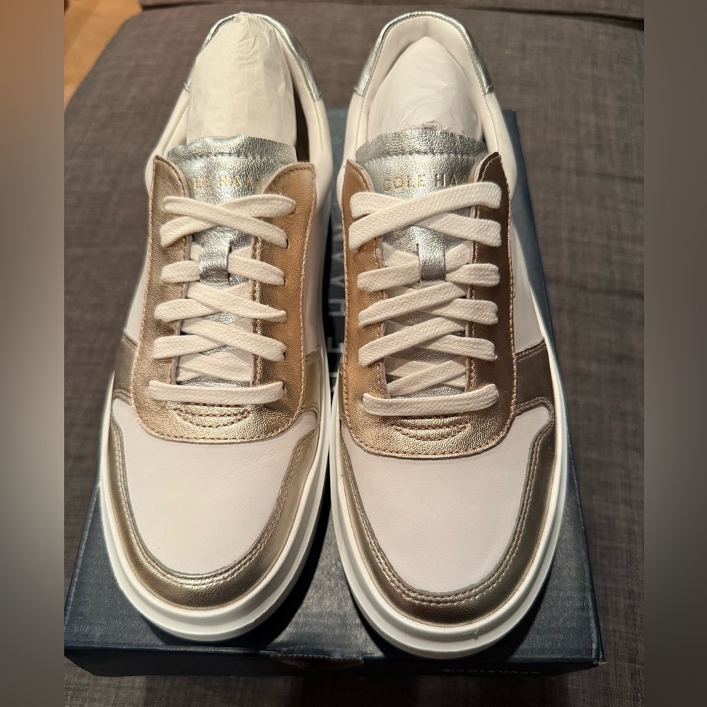 NIB Cole Haan Women's Metallic Silver, Gold, Rose gold  & White Sneakers size 9